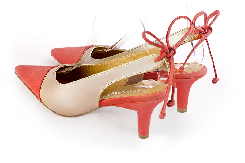 Coral orange and gold women's slingback shoes. Pointed toe. Medium slim heel. Rear view - Florence KOOIJMAN
